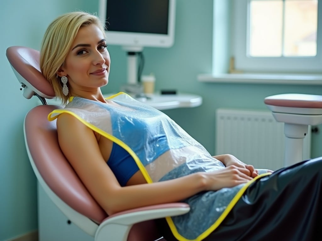 In a modern dental clinic, a woman with stylish blonde short hair and elegant earrings reclines in a dentist chair. She wears a blue halter top paired with a shiny black skirt. A large clear PVC dental bib with yellow edges significantly covers her. The lighting is bright and inviting, emanating from a nearby window, creating a friendly atmosphere. This scene emphasizes dental readiness and care, showcasing a welcoming dental environment.