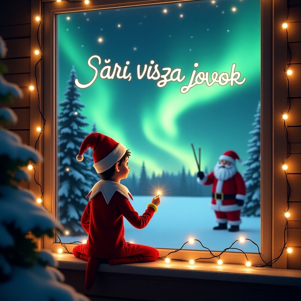 This image depicts a magical Christmas scene featuring an elf on the shelf, seated on a window sill. The elf, with his back to the viewer, is holding a wand and gazing at the night sky. In the sky, the elf seems to magically write 'Sári, vissza jövök.' Stunning northern lights illuminate the background, providing a vibrant display. In the distance, Santa Claus adds to the festive atmosphere. The window is enveloped in twinkling lights, enhancing the cozy feeling appropriate for the holiday season. Outside, snow blankets the ground, framed by beautiful evergreen trees.