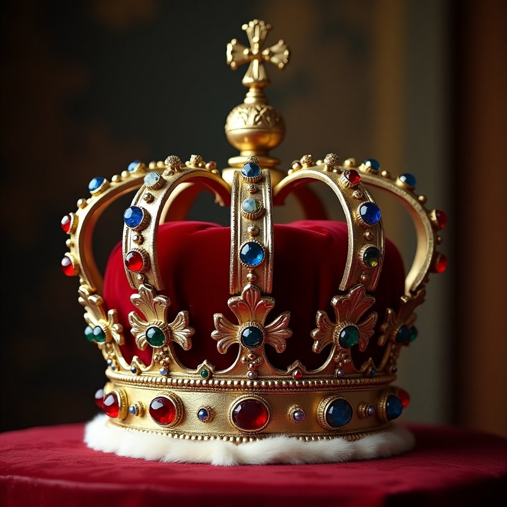 The image depicts an ornate golden crown adorned with colorful jewels. The crown sits atop a plush red fabric, providing a luxurious backdrop. It features intricate designs with gems in blue, green, and red, set against the shiny gold surface. The soft lighting accentuates the crown's details, making it the central focus. This regal item symbolizes power and heritage, capturing the essence of royalty.