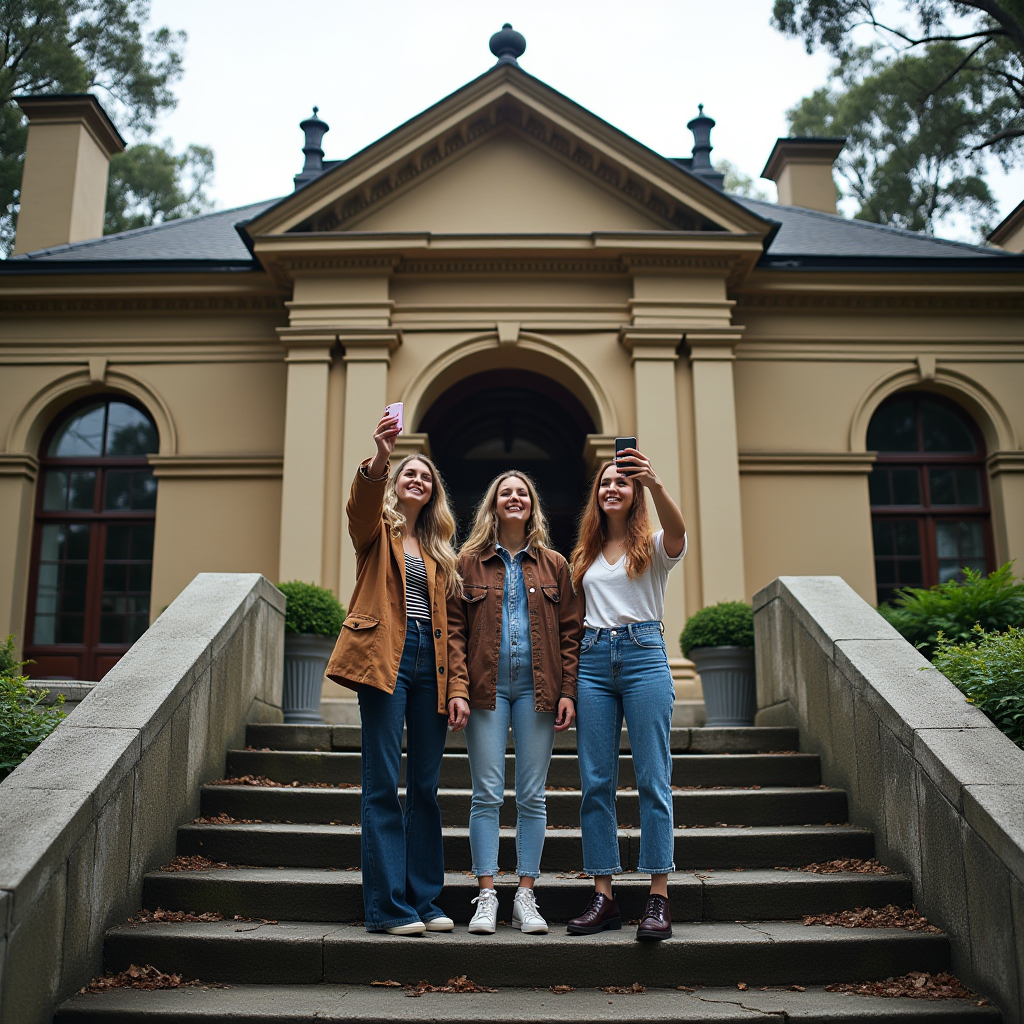 Three friends taking selfies in front of a historic building.