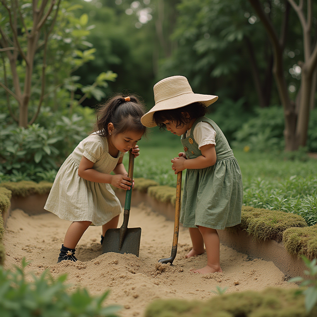 Two young children in dresses are playing with shovels in a sandy area surrounded by greenery.