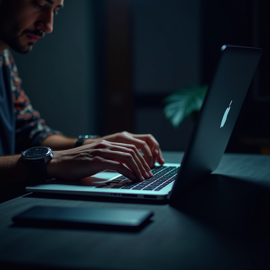 A person is typing on a laptop in a dimly lit room.