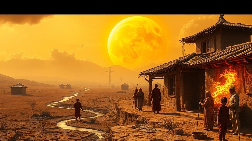 People stand in a barren landscape with a giant, glowing sun dominating the sky.