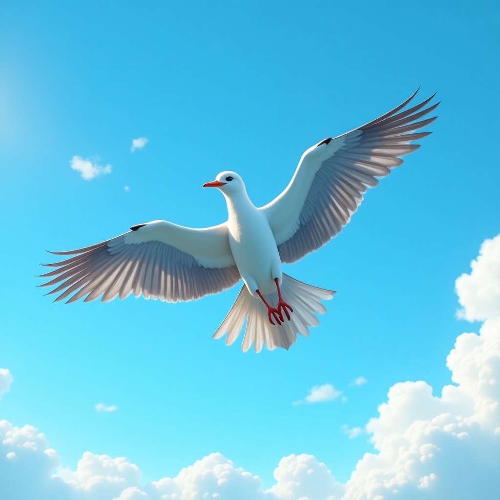 A white bird is soaring gracefully in a clear blue sky. Its wings are fully extended, showcasing impressive feathers. The background features fluffy white clouds scattered across the bright sky. The scene exemplifies freedom and the beauty of nature. This illustration captures the essence of wildlife in a serene environment.