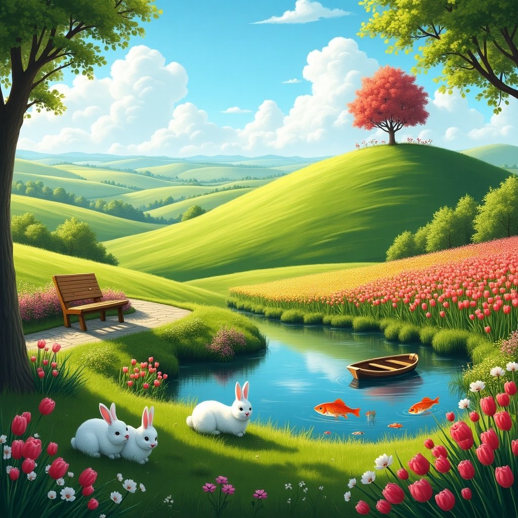 Imagine yourself in a beautiful meadow with rolling green hills reminiscent of Scotland. As you walk, you notice a vibrant field of tulips in every color. Beyond the hills, there's a cherry tree at the summit. You climb up, sit on a picnic bench under its shade, and pick succulent cherries. Below, a pond with a floating boat, beside a sparkling stream, and playful bunnies add to the peaceful scene.