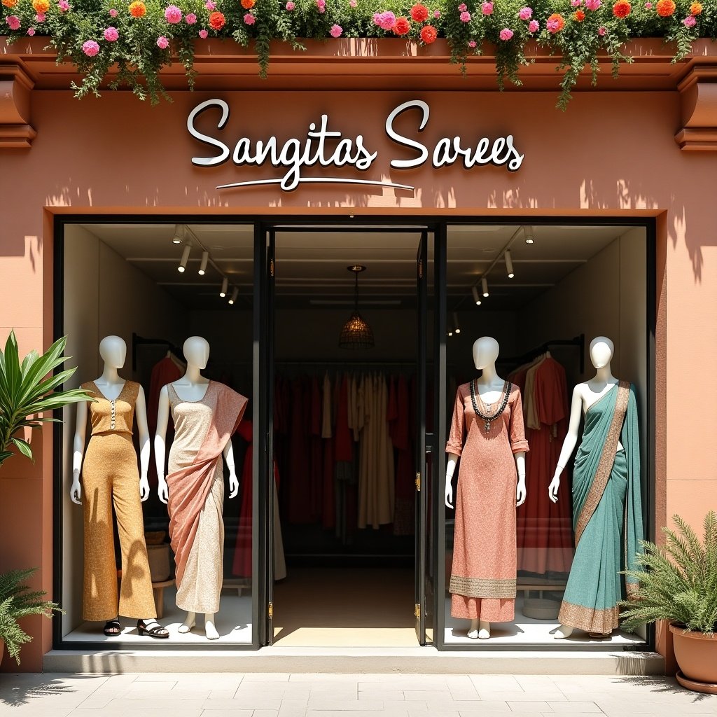 The image showcases a stylish fashion store named 'Sangitas Sarees.' It features an inviting storefront with mannequins dressed in elegant Indian women's outfits. The storefront is painted in terracotta and accented with colorful flowers and plants above it. Bright sunlight illuminates the store, highlighting the details of the various garments on display. This daytime setting captures the essence of modern fashion retail, showcasing contemporary styles and vibrant colors.