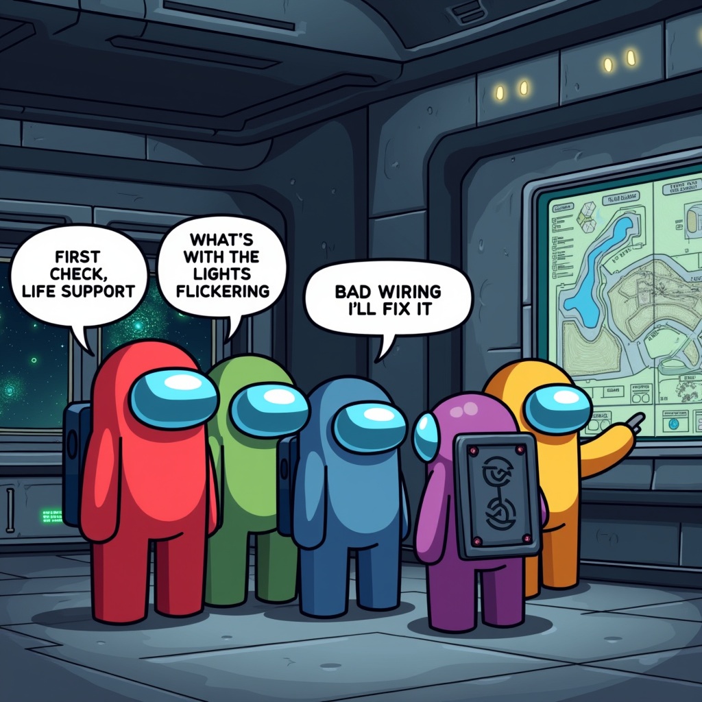 In the main control room of Aurora Station, the crew stands gathered around a central console. Flickering lights hint at potential trouble as they examine a map of the station. Red Crewmate, in a solid red spacesuit, points to the Life Support area. Blue Crewmate expresses concern about the lights flickering. Green Crewmate assures the team that he'll fix the bad wiring. Purple Crewmate holds a mysterious tablet, adding an element of intrigue to the scene.