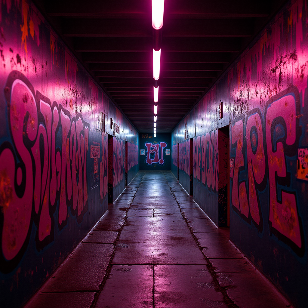 A dimly lit tunnel covered in vibrant pink graffiti illuminated by overhead pink fluorescent lights.