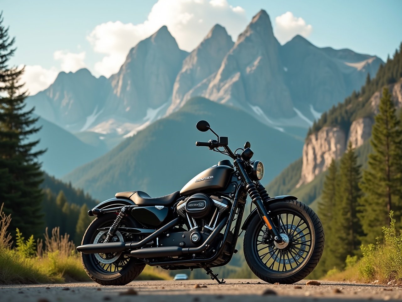 A sleek motorcycle stands prominently in front of majestic, towering mountains. The sunlight casts a warm glow on the bike, highlighting its metallic details and stylish design. Lush greenery surrounds the foreground, complementing the rugged mountain backdrop. The sky is clear with a hint of clouds, adding depth to the scenery. This captivating scene blends the thrill of motorcycling with the beauty of nature.