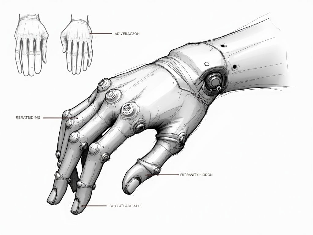 The image features a realistic contemporary sketch of a design for a prosthetic hand. It showcases multiple views of the hand, detailing various components and joints. The hand design incorporates advanced technology with a focus on functionality and aesthetics. Various labels indicate specific parts of the design. It is a blend of engineering and artistry aimed at enhancing the quality of life for users. The hand appears to be both innovative and practical, reflecting current trends in prosthetic designs.