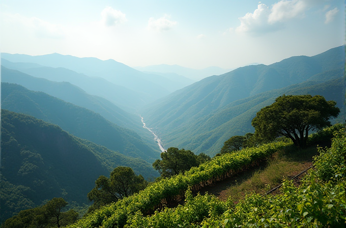 A serene landscape captures rolling green mountains under a soft blue sky, with a winding path cutting through lush vegetation on the hillside.