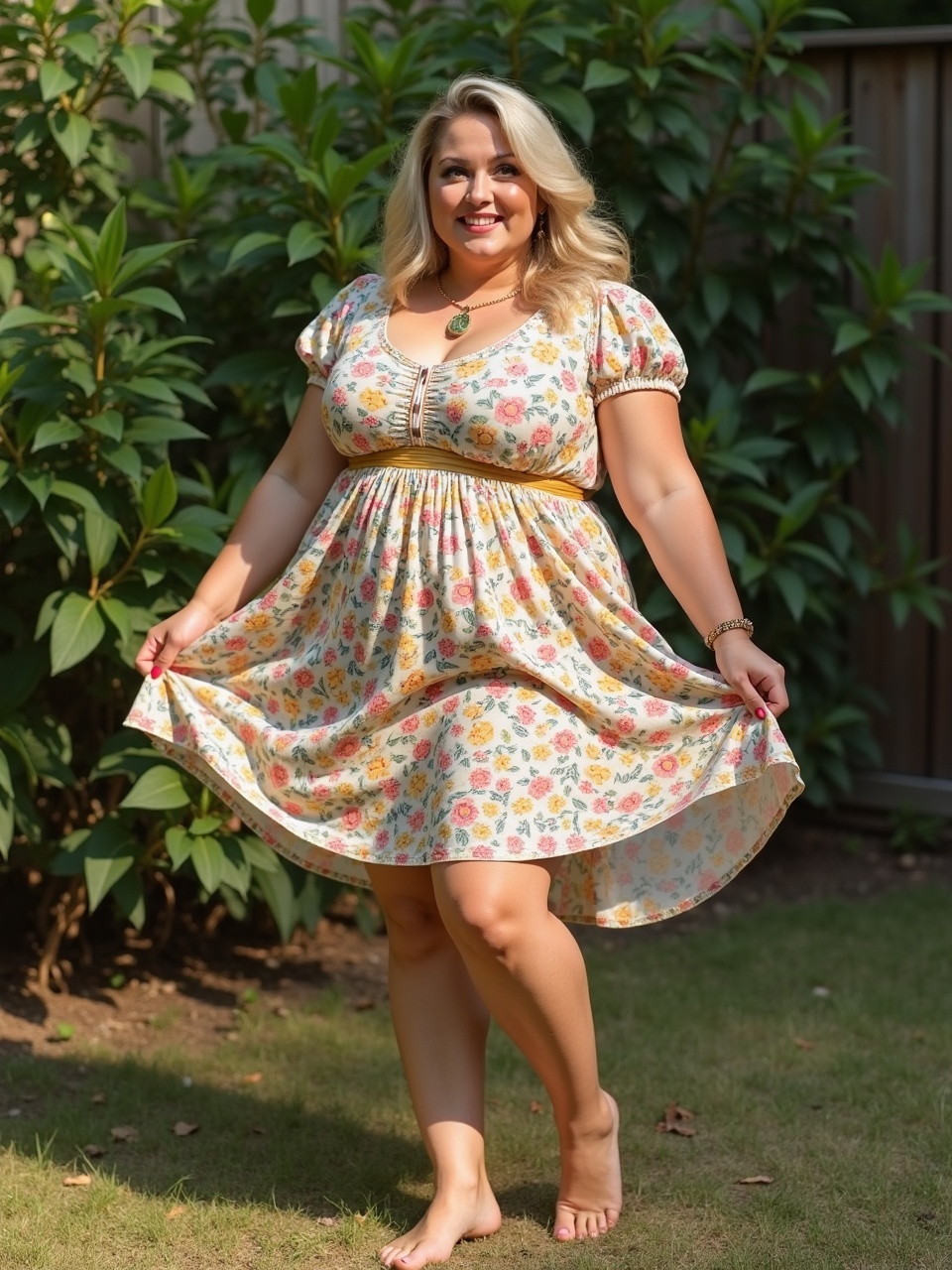 A cheerful woman is seen enjoying a sunny day in her garden. She wears a charming floral dress and stands barefoot on the grass, surrounded by lush green foliage. Her joyful expression complements the vibrant colors of her dress, exuding a sense of relaxation and happiness.