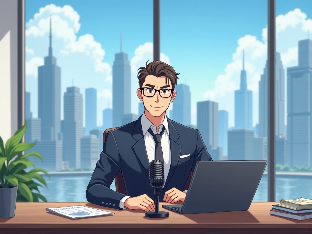 This animated image features a host sitting in a sleek modern office, facing directly towards the viewer. They have an engaging and charismatic expression, dressed in stylish business attire that conveys professionalism. The office has wide windows, showcasing a stunning skyline view of tall buildings, with plenty of natural light that creates a bright and inspiring ambiance. The host's desk includes a high-quality microphone, a sleek laptop, and organized documents, enhancing the 'money-minded' vibe of the space. Subtle animations, such as blinking eyes and slight head movements, add energy to the scene, making it clear that the host is ready to share valuable insights.