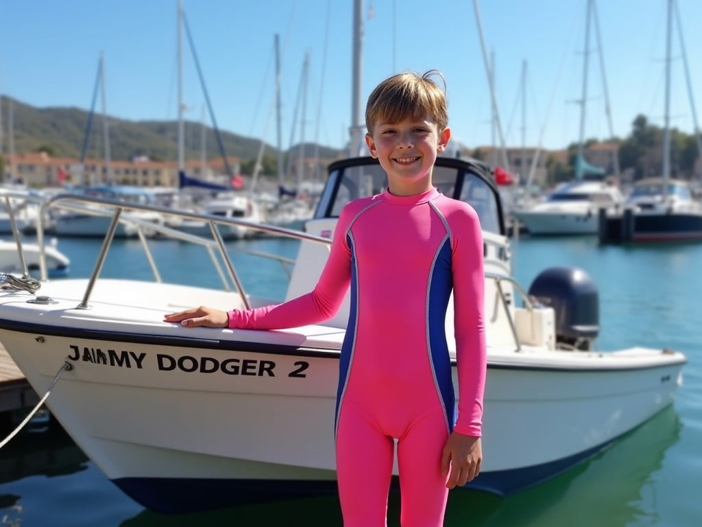 This image shows an 11-year-old boy wearing a long-sleeve pink one-piece swimsuit standing next to a boat. The boat is named Jammy Dodger 2 and is docked in a marina. The boy is smiling and looking happy, embodying the joy of outdoor summer activities. The setting has multiple boats behind him, set against a clear blue sky and gentle hills in the background. The entire scene captures a sunny, vibrant atmosphere perfect for promoting summer fun and child-friendly activities.