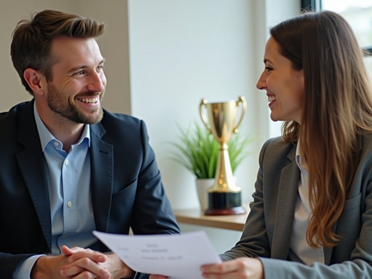 In a well-lit office environment, two individuals are engaged in a professional discussion. They are both smiling, showcasing a friendly atmosphere. The man, dressed in a suit, appears to be actively listening to the woman who holds some papers. Behind them, a trophy suggests themes of success and achievement. The overall mood is positive and collaborative, reflecting a healthy workplace dynamic.