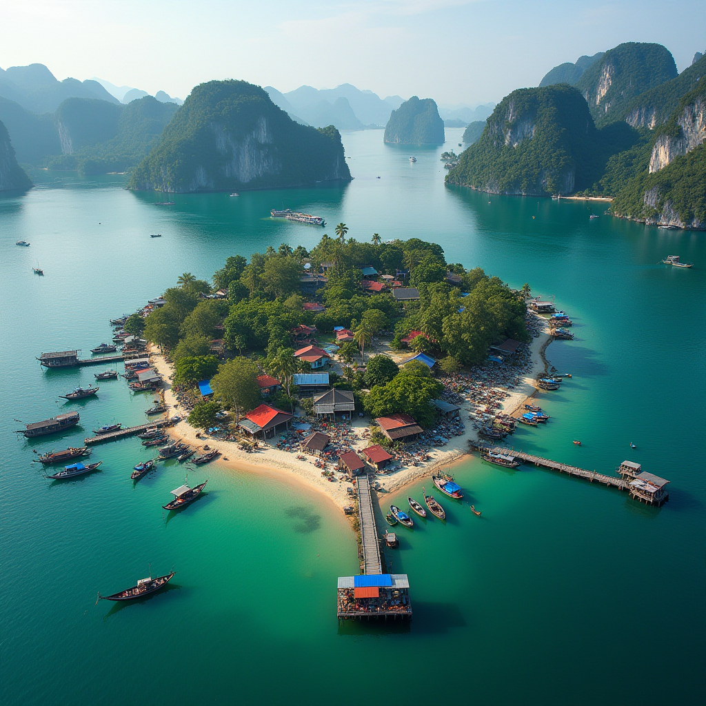 A picturesque island village surrounded by turquoise waters and lush greenery.