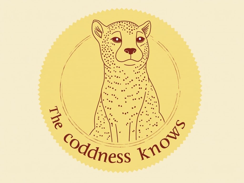 This image features a circular seal with a pale yellow background. In the center, there is an illustration of a cheetah, which symbolizes speed and grace. Below the cheetah, the phrase 'The goddess knows' is written in elegant, dark brown font. The seal's design has a simplistic yet charming appeal. The overall composition conveys a sense of wisdom and awareness, appropriate for a brand or artistic representation.