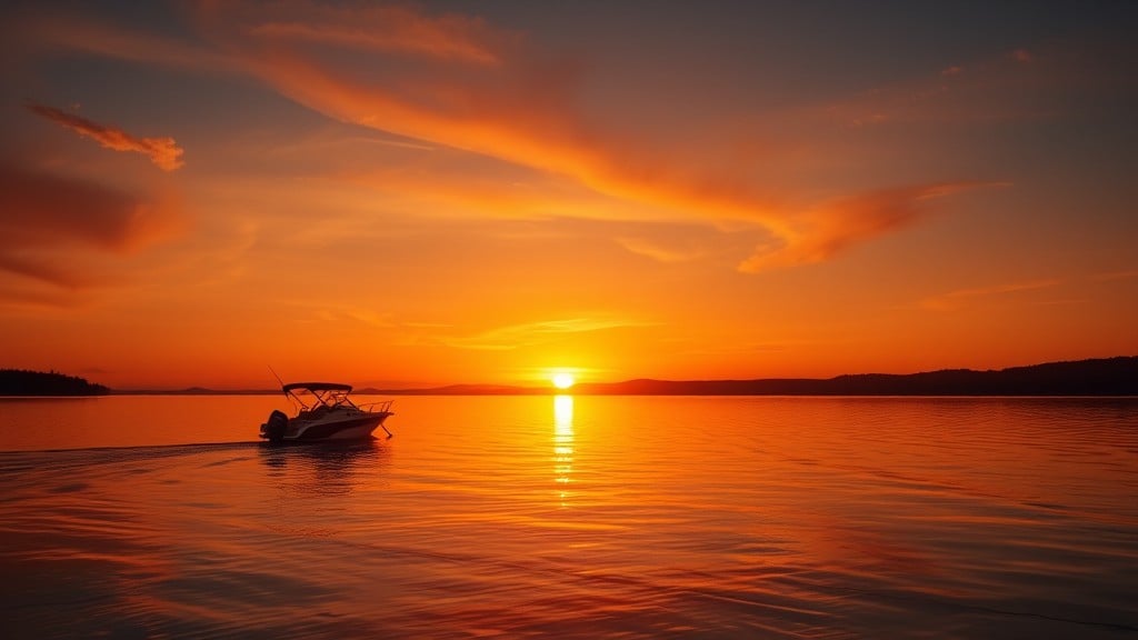 A boat gently sails across a lake during a vibrant, orange sunset.