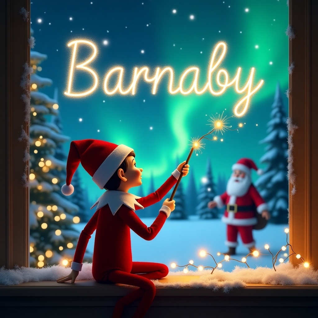 An enchanting image of an elf on the shelf, positioned with his back to the viewer, facing a stunning sky illuminated by northern lights. The elf holds a magic wand, using it to spell out the name 'Barnaby' high above. In the background, the iconic figure of Santa Claus appears joyfully, adding to the festive atmosphere. The scene is framed by a cozy window, adorned with soft snow and twinkling lights, capturing the essence of a magical Christmas night. This artwork evokes feelings of wonder and holiday cheer, perfect for children and families alike.