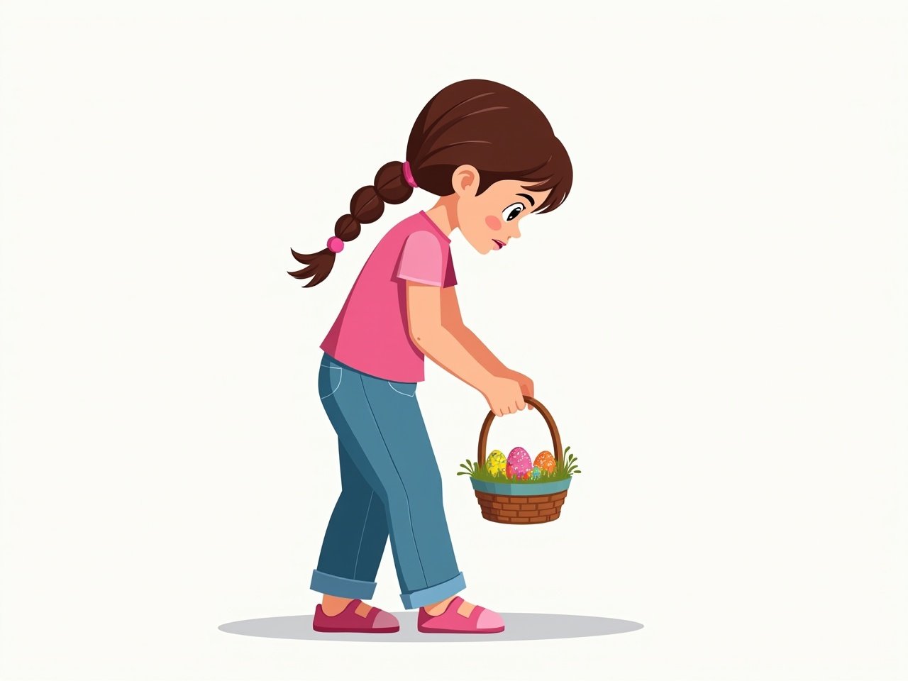 The image depicts a young girl with brown hair tied in a ponytail. She is wearing a pink shirt and blue jeans while holding a basket filled with colorful Easter eggs. The girl appears to be focused as she examines the contents of her basket. The scene has a light and joyful atmosphere, suitable for children's illustrations. The setting suggests a springtime theme, often associated with Easter activities. The background is plain, emphasizing the main subject.