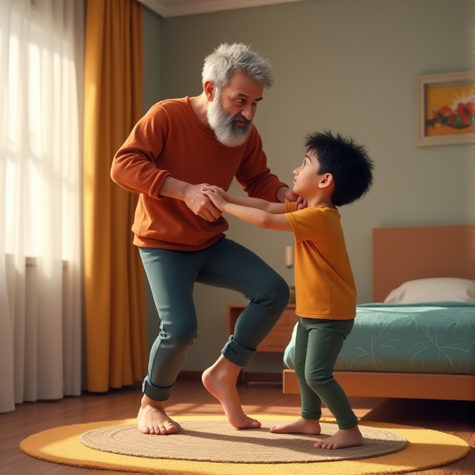 A bearded elderly man and a young boy joyfully dance together on a round rug in a cozy bedroom.