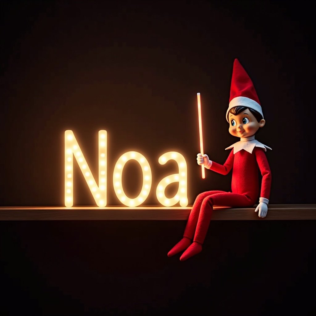 This image features a girl elf on a shelf dressed in traditional red and white colors. She is holding a glow stick that creatively forms the name 'Noa' in bright lights. The background is dark, emphasizing the glow of the letters. This enchanting scene embodies the festive spirit of Christmas and the cheerfulness associated with the holiday season. The elf's expression adds to the magical feel, making it an ideal illustration for holiday promotions or decorations.