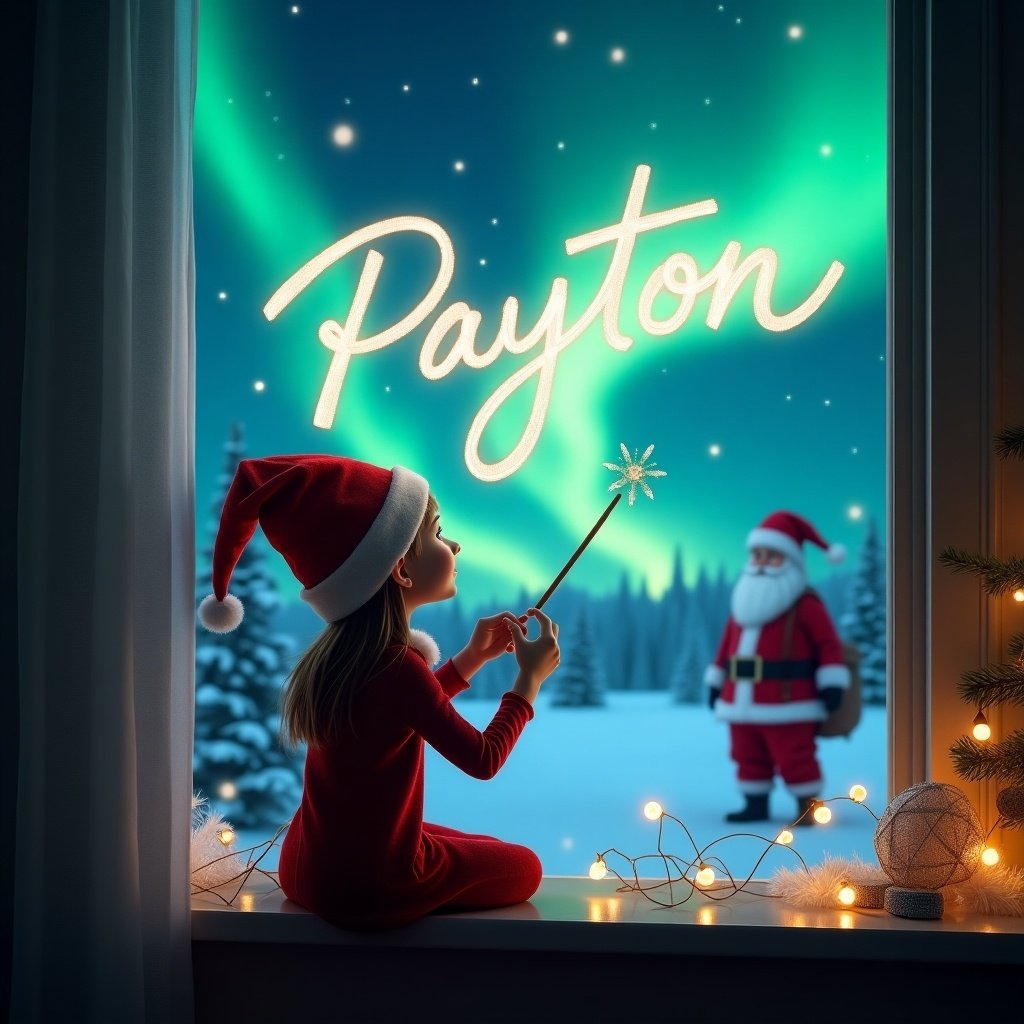 The scene features a young girl dressed as an elf, sitting by a window. She is looking up towards the sky, using her magic wand to write in the air. The setting is magical, with vibrant Northern Lights in the background. Santa Claus can be seen in the snowy landscape outside, adding to the festive atmosphere. The girl's name, Payton, is elegantly scripted in the sky, illustrating the magic of Christmas. The window is adorned with twinkling lights, enhancing the enchanting scene.