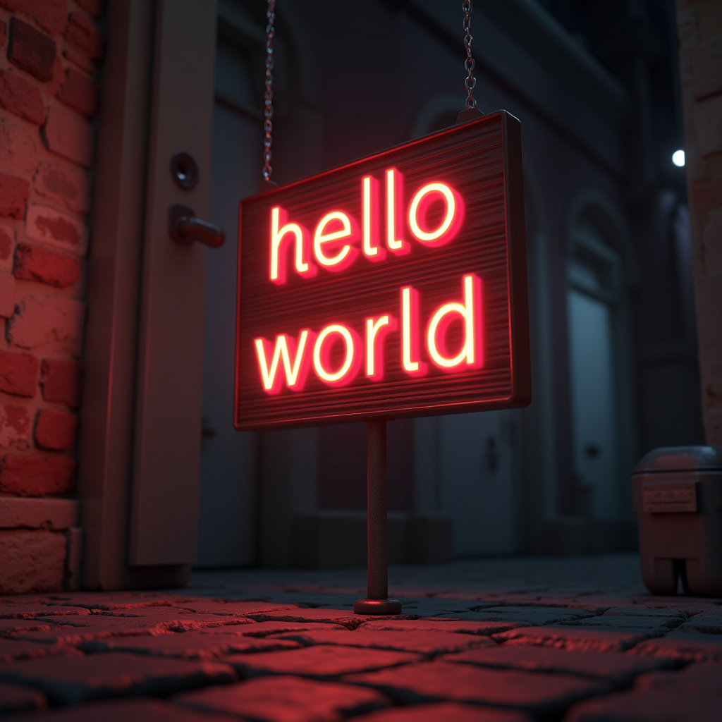 A glowing neon sign displaying 'hello world' hangs in an urban alleyway, casting a red hue on the cobblestones.