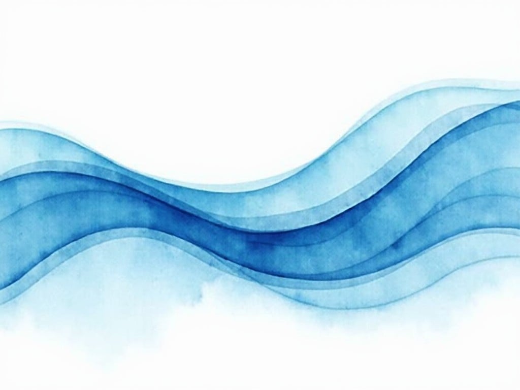 an abstract art piece featuring overlapping blue waves on a white background, with a watercolor effect