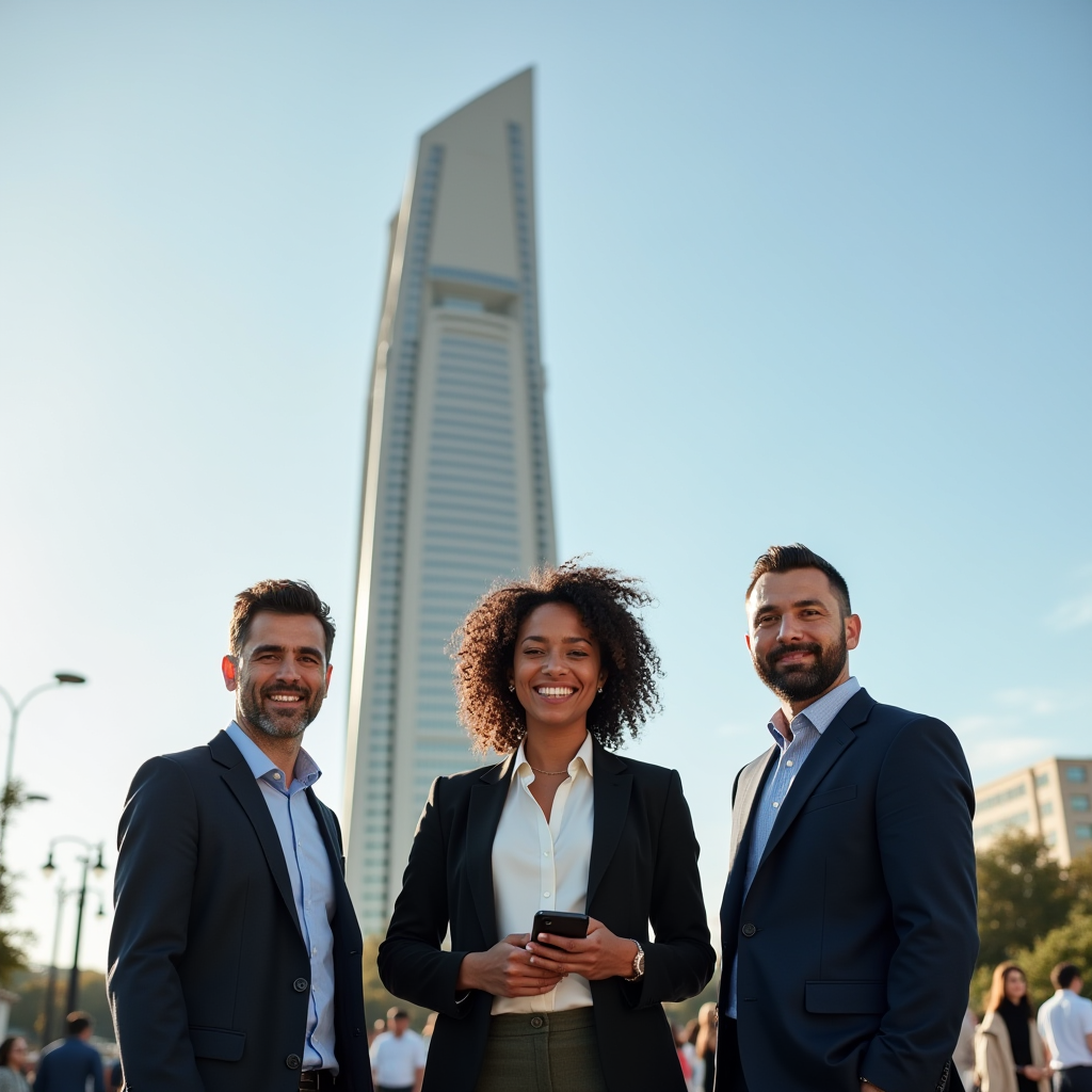 Three business professionals smiling in front of a tall, modern skyscraper under a clear blue sky.