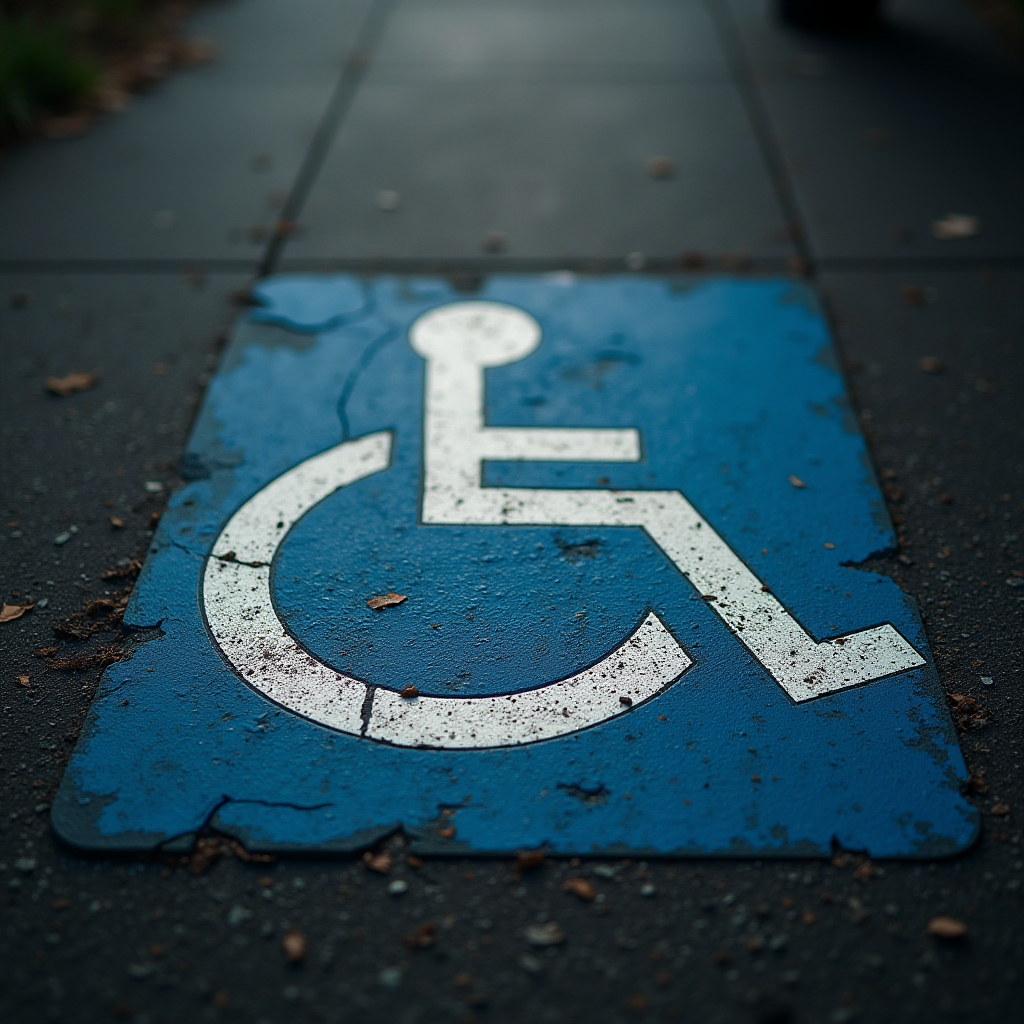 A close-up view of a weathered blue wheelchair accessibility symbol on the pavement.