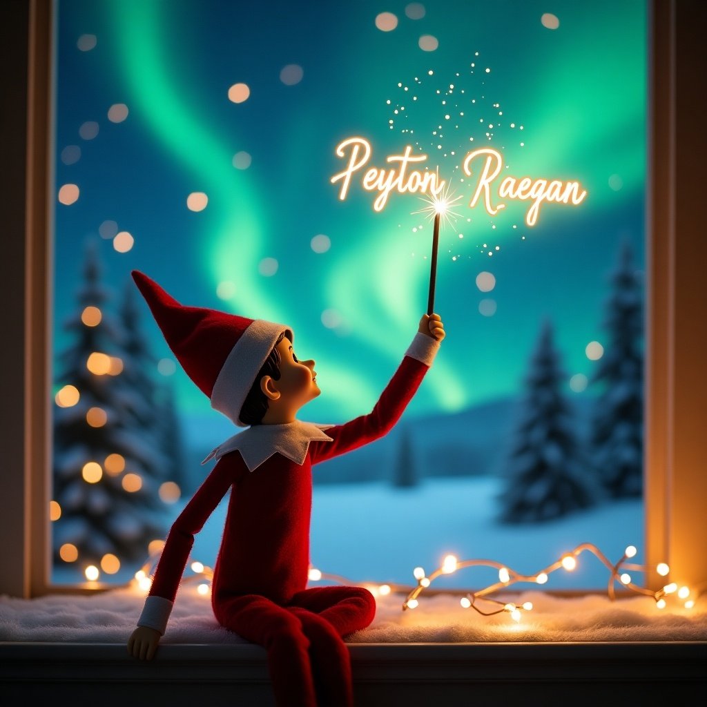 An enchanting Christmas scene features an elf on the shelf, dressed in red and white. The elf is positioned with his back to the viewer, raising a magic wand to write 'Peyton' and 'Raegan' in glowing script above him. The backdrop showcases vibrant northern lights, casting a magical ambiance. Strings of lights curl around the window ledge, enhancing the festive feel. The overall atmosphere evokes a sense of wonder and excitement, perfectly capturing the joy of the holiday season.