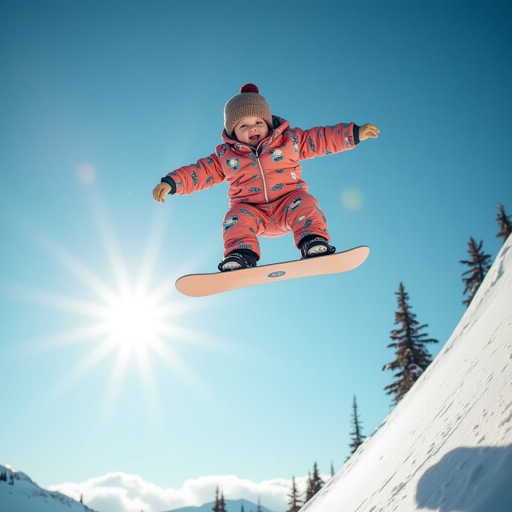 A chubby 1-year-old baby is captured mid-air while snowboarding off a half-pipe. Defying gravity, the baby performs impressive aerial tricks. Dressed in vibrant snowboarding attire and an adorable knit hat, the baby stands out against the snow-covered landscape. The sunlight glistens on the snow, creating a beautiful contrast with the blue sky. This whimsical and action-packed moment blends the extraordinary with the charm of childhood, making it awe-inspiring and delightful.