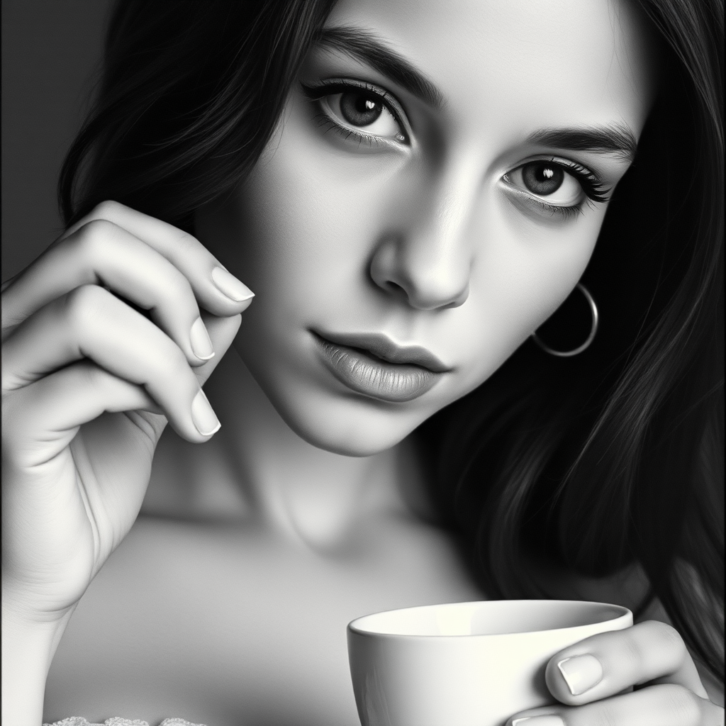 A grayscale portrait of a woman holding a cup, captured in a contemplative expression.