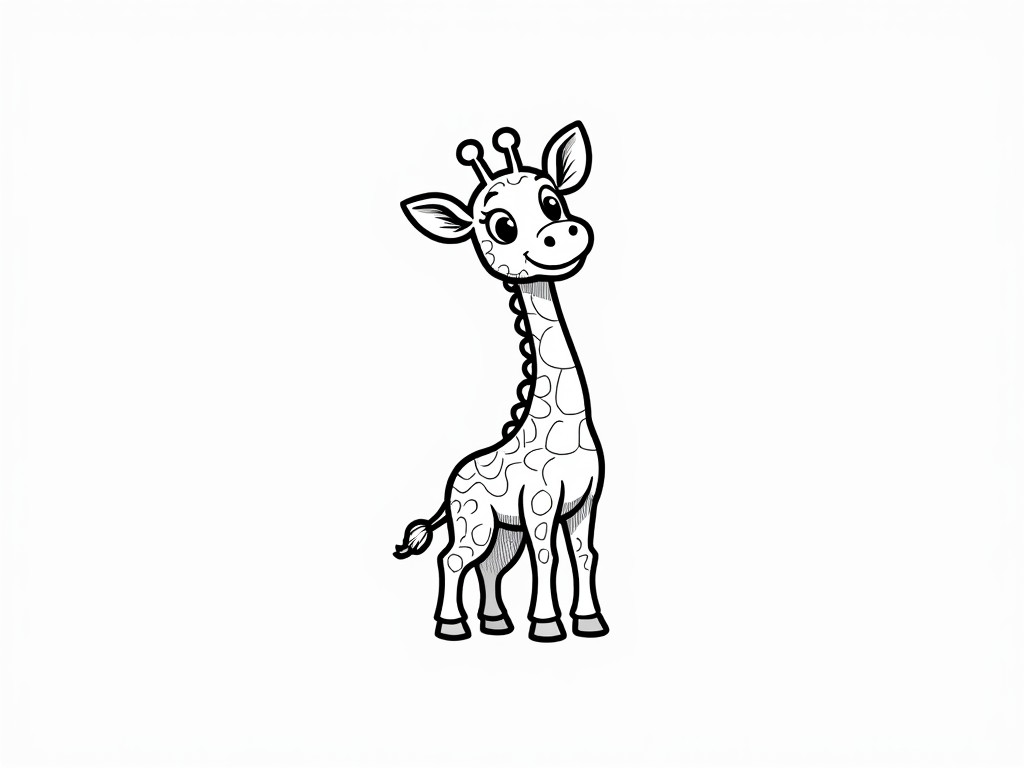 This image is a delightful black and white sketch of a cartoon giraffe standing confidently. The giraffe is depicted with exaggerated features, such as large eyes and a friendly smile, giving it a playful and endearing appearance. The whimsical style makes it perfect for children’s content and evokes a sense of joy and innocence.