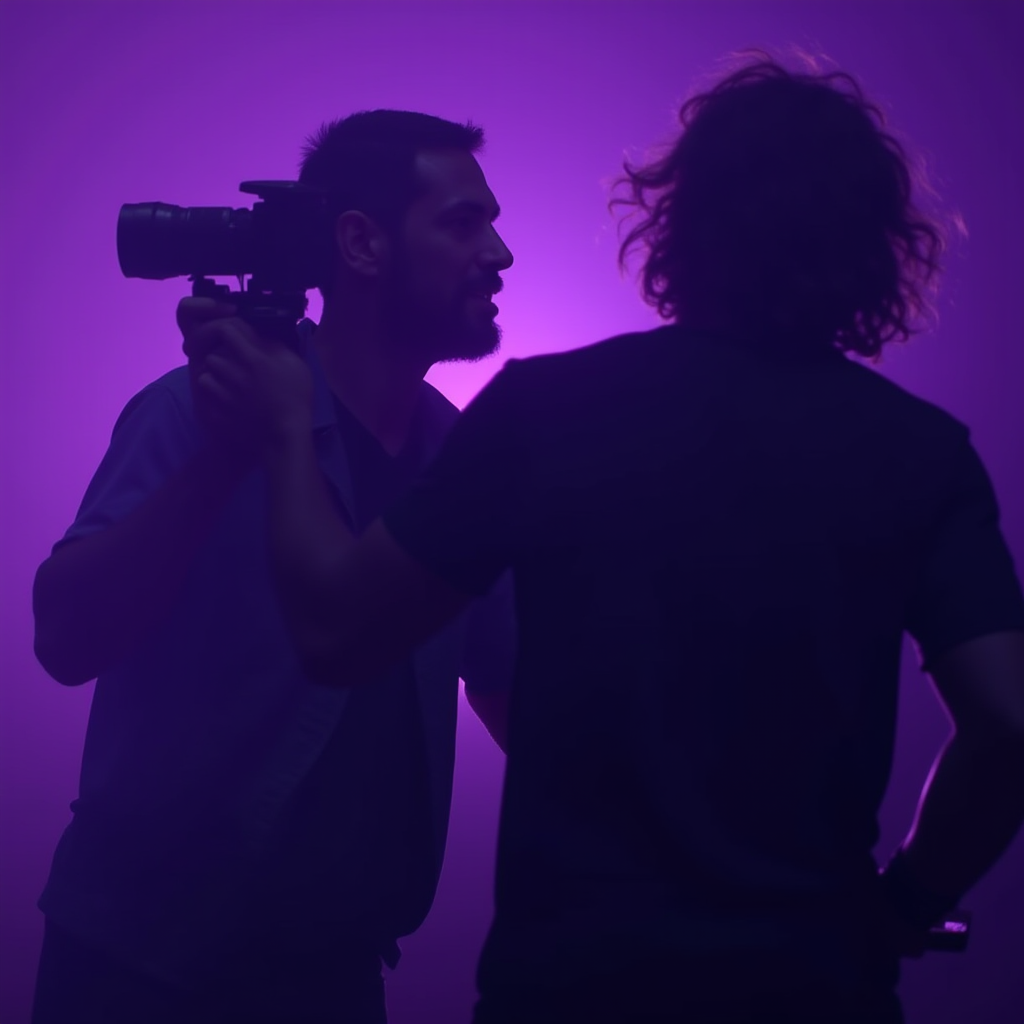 Two silhouetted people are in front of a purple light, one holding a camera.