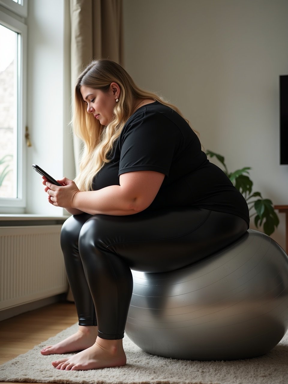 In a bright Danish living room, a young plus-size woman sits on a shiny silver yoga ball. She is dressed in tight, shiny black leather leggings and a matching shirt. With her long blond hair cascading down, she leans over slightly, focused on her phone. The light from the window highlights her high detailed skin and the textures of the yoga ball. This scene encapsulates a moment of relaxation and self-care in a stylish home setting.