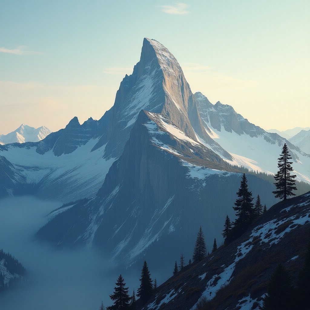 This image features a breathtaking mountain peak soaring in the distance. The rugged terrain is blanketed in snow, showcasing the beauty of nature. Trees frame the foreground, giving depth to the majestic scene. Soft light illuminates the mountain, creating a serene atmosphere. This picturesque landscape would captivate anyone who admires the outdoors.