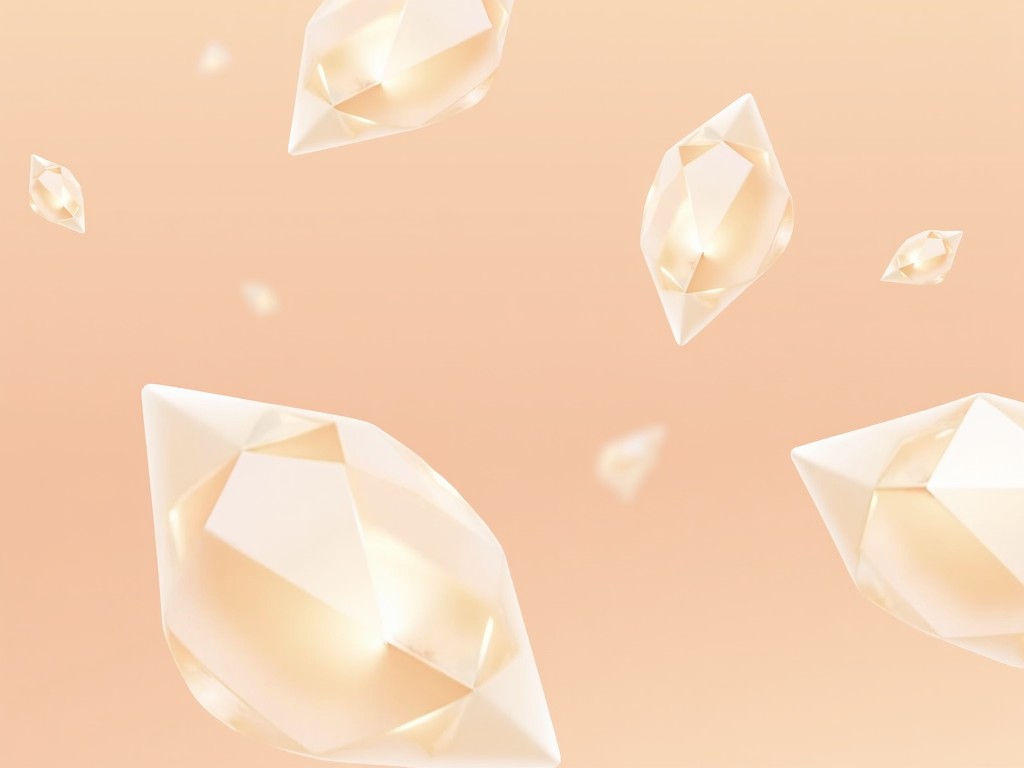 This image features abstract geometric shapes that resemble crystals, gently floating against a soft peach gradient background. The crystals have a translucent quality, reflecting light in a soft and dreamy manner. The overall ambiance conveys elegance and modernity. Ideal for use in creative projects, it complements themes of beauty and sophistication. The peach hue adds a warm and inviting tone, enhancing the delicacy of the design.