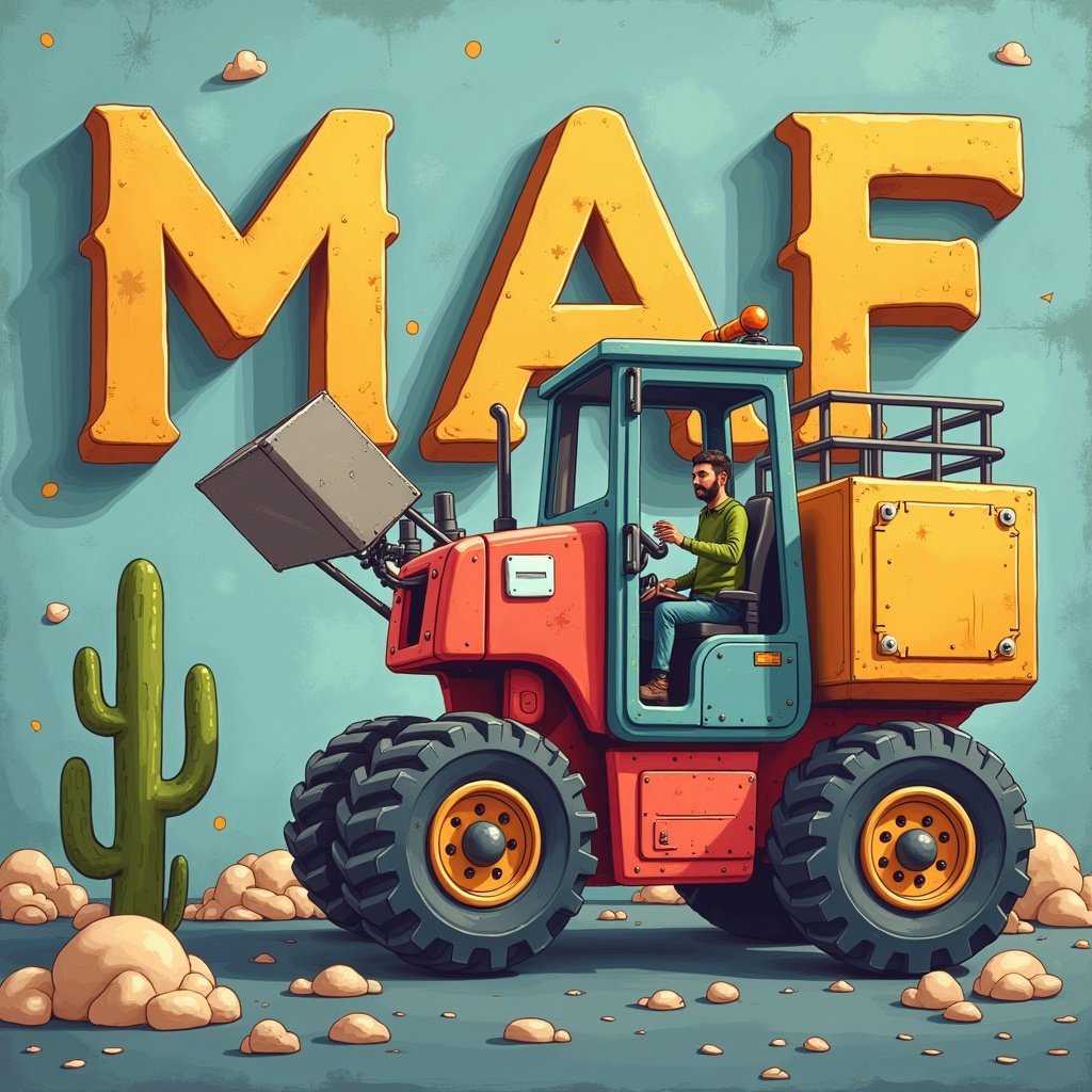 The image features a colorful construction vehicle operated by a man. It showcases vibrant colors like red, yellow, and cyan against a light green background. The vehicle is oversized, emphasizing a playful cartoon style. The large letters spelling 'MAF' dominate the background. A cactus and some rocky terrain complete the whimsical scene, suggesting a desert environment where the vehicle might be used.