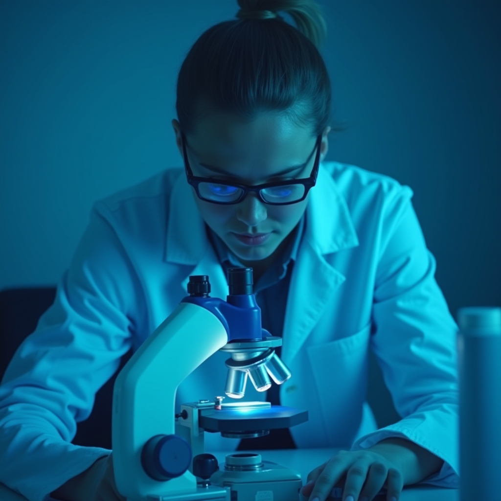 A scientist intensely examines a specimen under a microscope in a dimly lit laboratory.