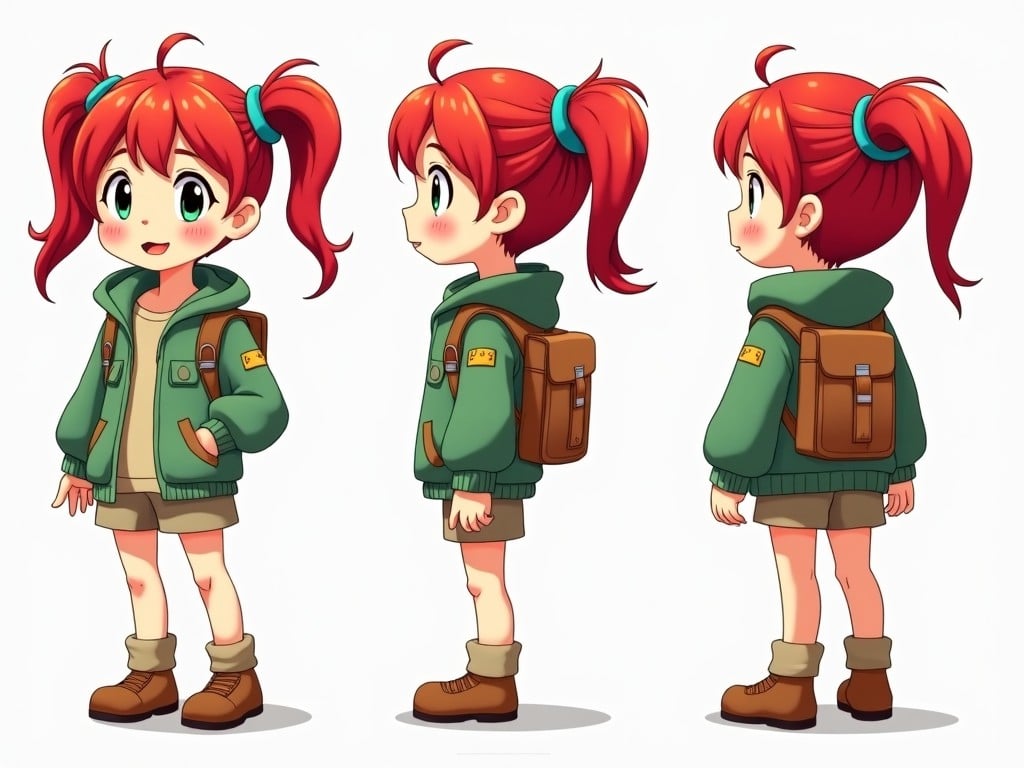 Anime style character sheet featuring a young girl with red hair, wearing practical outdoor clothing and a backpack, shown from front, side, and back views.