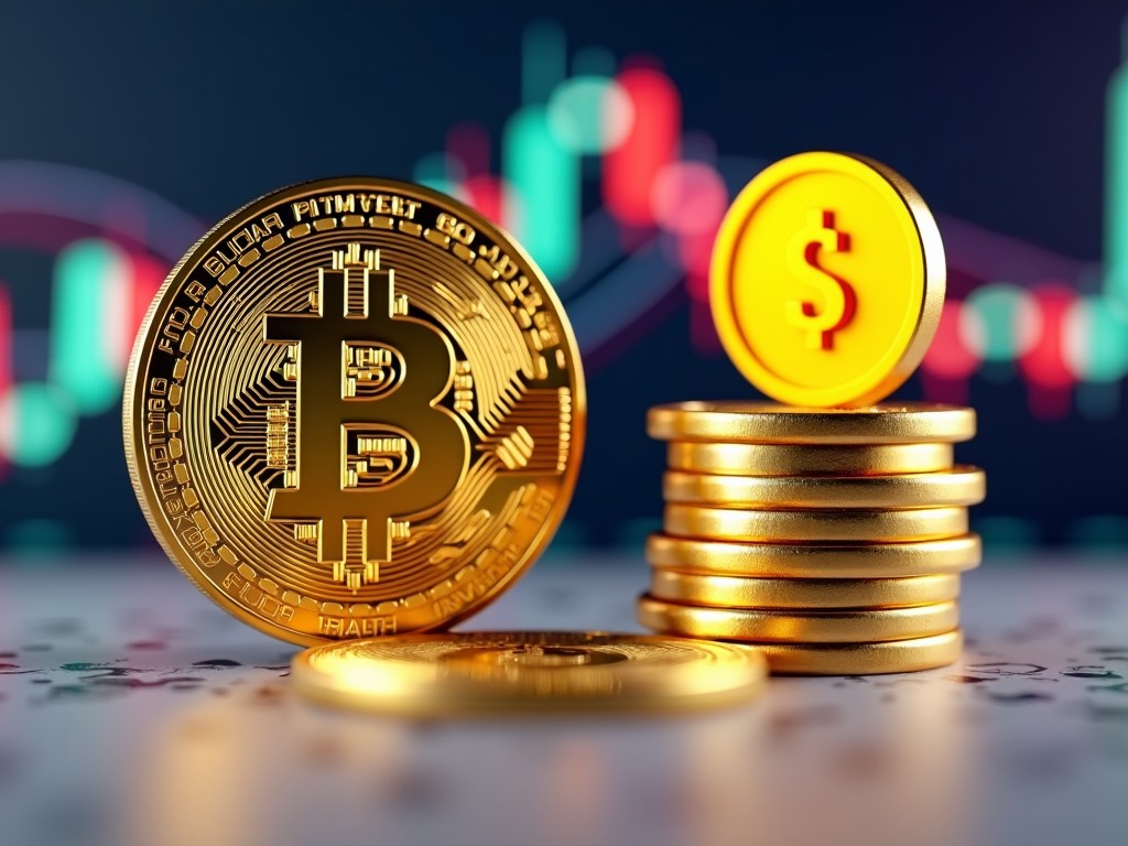 The image beautifully represents the world of cryptocurrency. It features a prominent Bitcoin coin in the foreground, showcasing intricate designs. In the background, a blurred stock market chart hints at market movements. Behind the Bitcoin, stacks of gold coins emphasize the theme of wealth. The lighting and colors give a modern and vibrant feel, suitable for financial discussions.