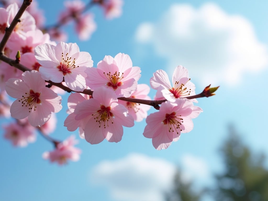 The image showcases a branch of delicate pink cherry blossoms against a bright blue sky dotted with fluffy clouds. The soft colors and gentle lighting create a calming and refreshing atmosphere, typical of a serene spring day. The blossoms are captured in sharp detail, contrasting beautifully with the blurred background.