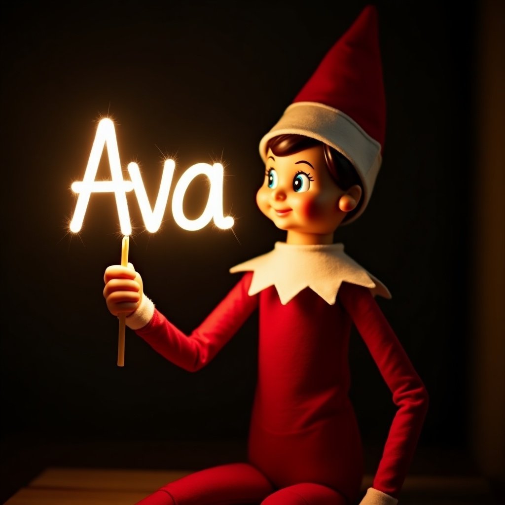 This image features an elf on the shelf character, dressed in traditional red and white attire. The elf is holding a glow stick that forms the name 'Ava' in bright, soft light. The background is dark, which enhances the glowing effect of the text. It creates a warm, festive atmosphere, embodying the joy of the holiday season. The scene evokes feelings of magic and cheer associated with Christmas celebrations.