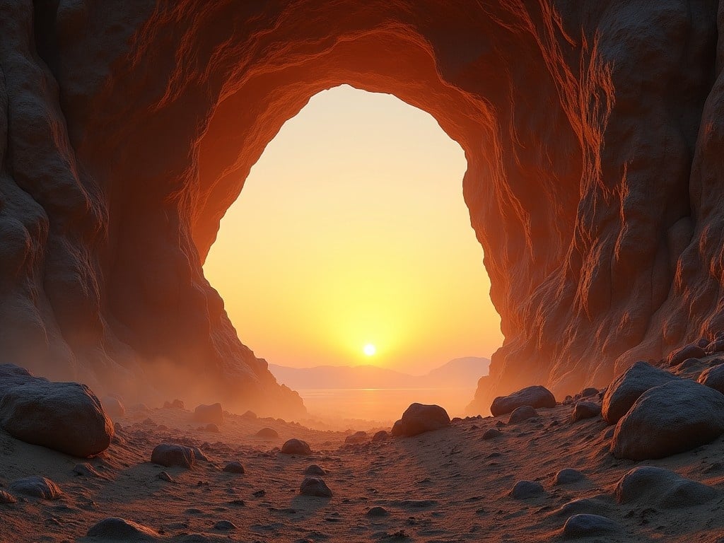 The image depicts a grand cave opening with a stunning view of the sun setting outside. Sunlight streams through the arch, illuminating the rocky texture of the cave walls. The foreground shows a rugged terrain scattered with boulders and dust. A misty atmosphere surrounds the scene, adding a mystical quality to the landscape. The overall color palette features warm oranges and deep browns, creating a dramatic contrast. This scene evokes a sense of adventure and nature's beauty.