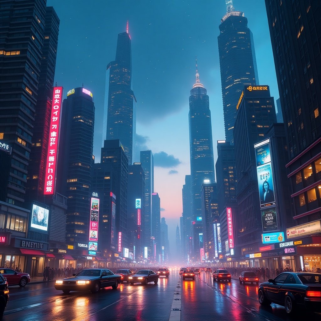 The image captures a bustling urban scene at twilight. Skyscrapers loom overhead, adorned with vibrant neon signs. Cars navigate the wet streets, reflecting the colorful lights. The atmosphere is misty, creating a dreamlike quality. This cityscape showcases a blend of modern architecture and lively street life, evoking a sense of excitement and anticipation.