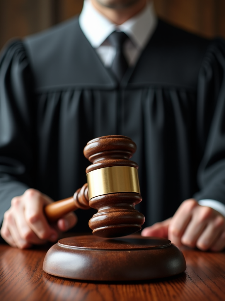 A judge wearing a black robe holds a gavel over a wooden sound block in a courtroom setting.