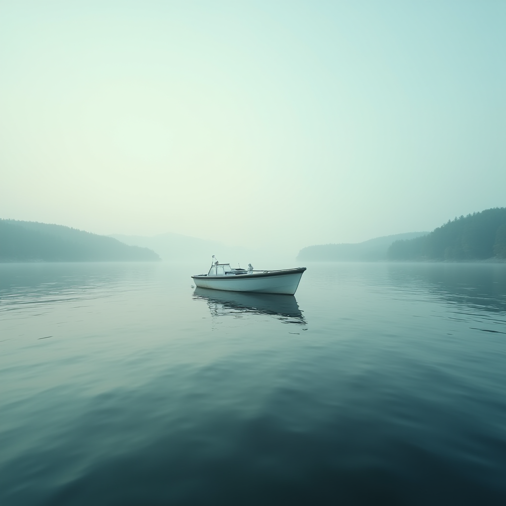 A lone boat floats calmly on a misty lake surrounded by foggy hills.