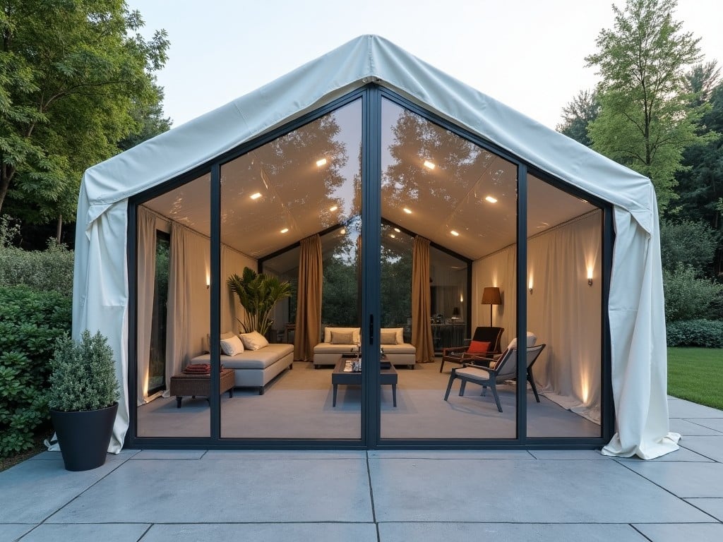 This image features a spacious 50x50 tent with a stunning glass front, creating a seamless connection with the outdoors. The interior has elegant furnishings, including a cozy sofa and stylish chairs, designed for relaxation and enjoyment. Grey floors add a modern touch to the ambiance, while the soft lighting enhances the inviting atmosphere. Surrounding the tent, lush greenery provides a peaceful backdrop. This setup could serve various purposes, from outdoor events to a stylish living space.